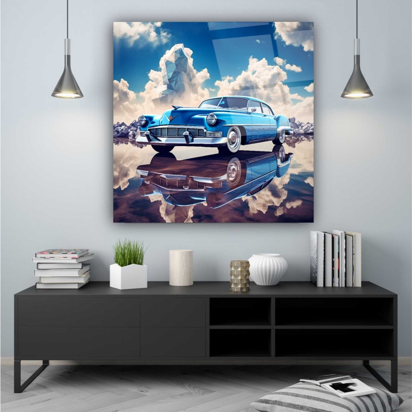 Blue Car Design Glass Wall Art