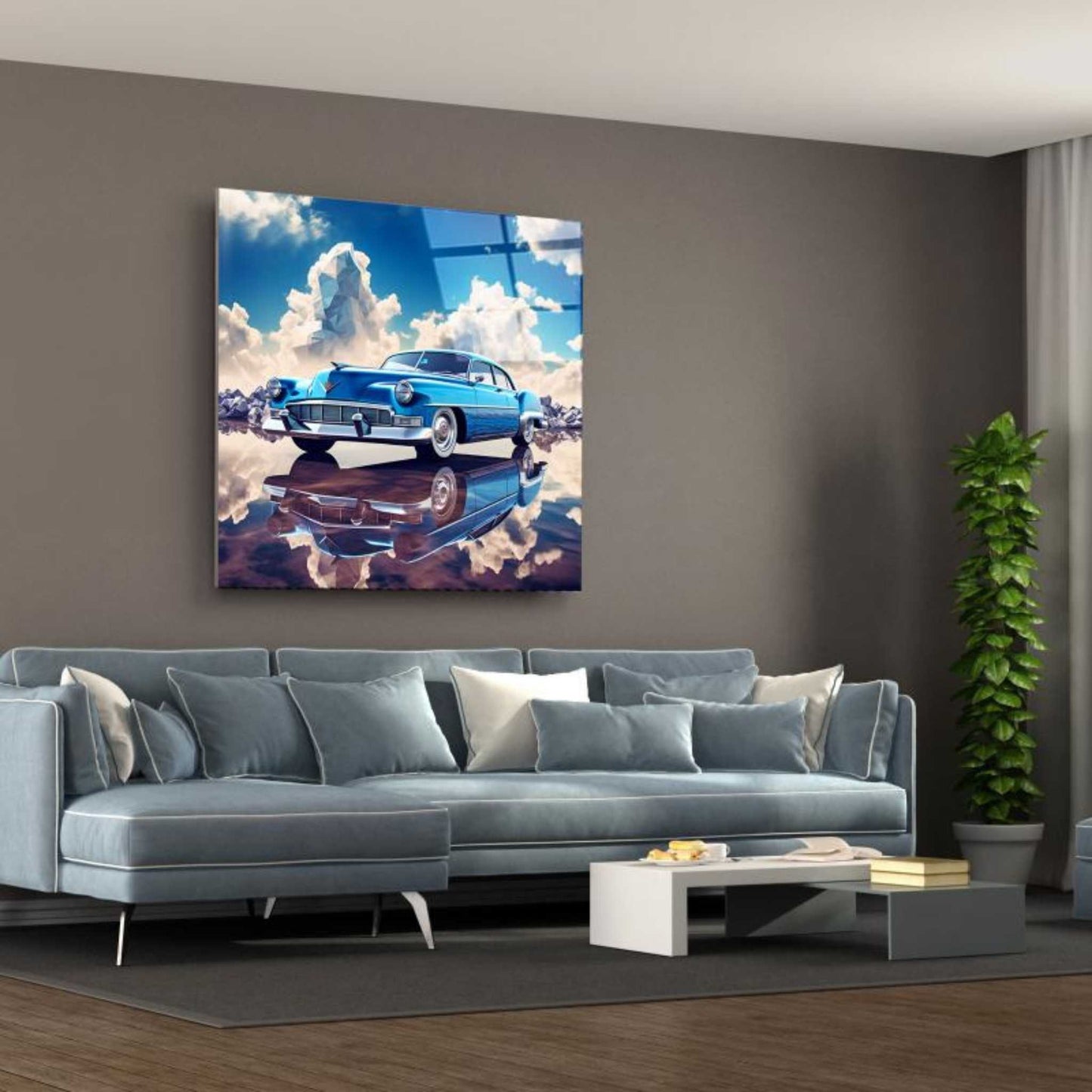 Blue Car Design Glass Wall Art