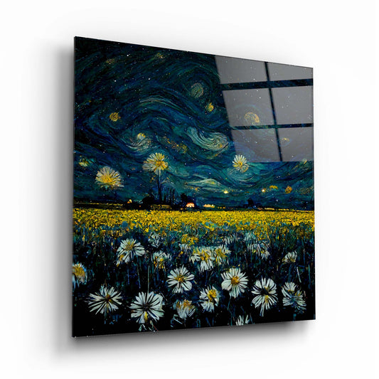 Starry Night and Flowers Glass Wall Art