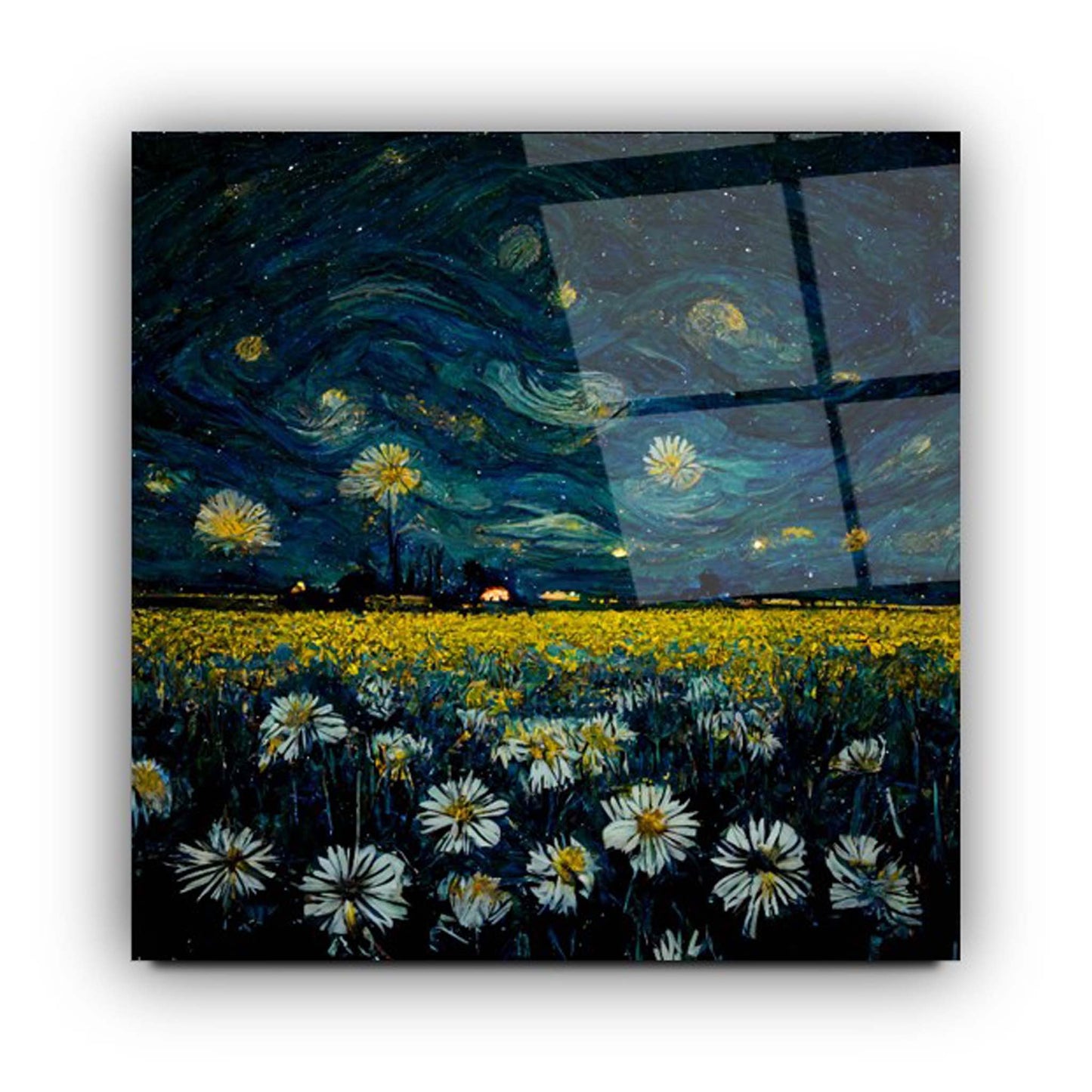 Starry Night and Flowers Glass Wall Art