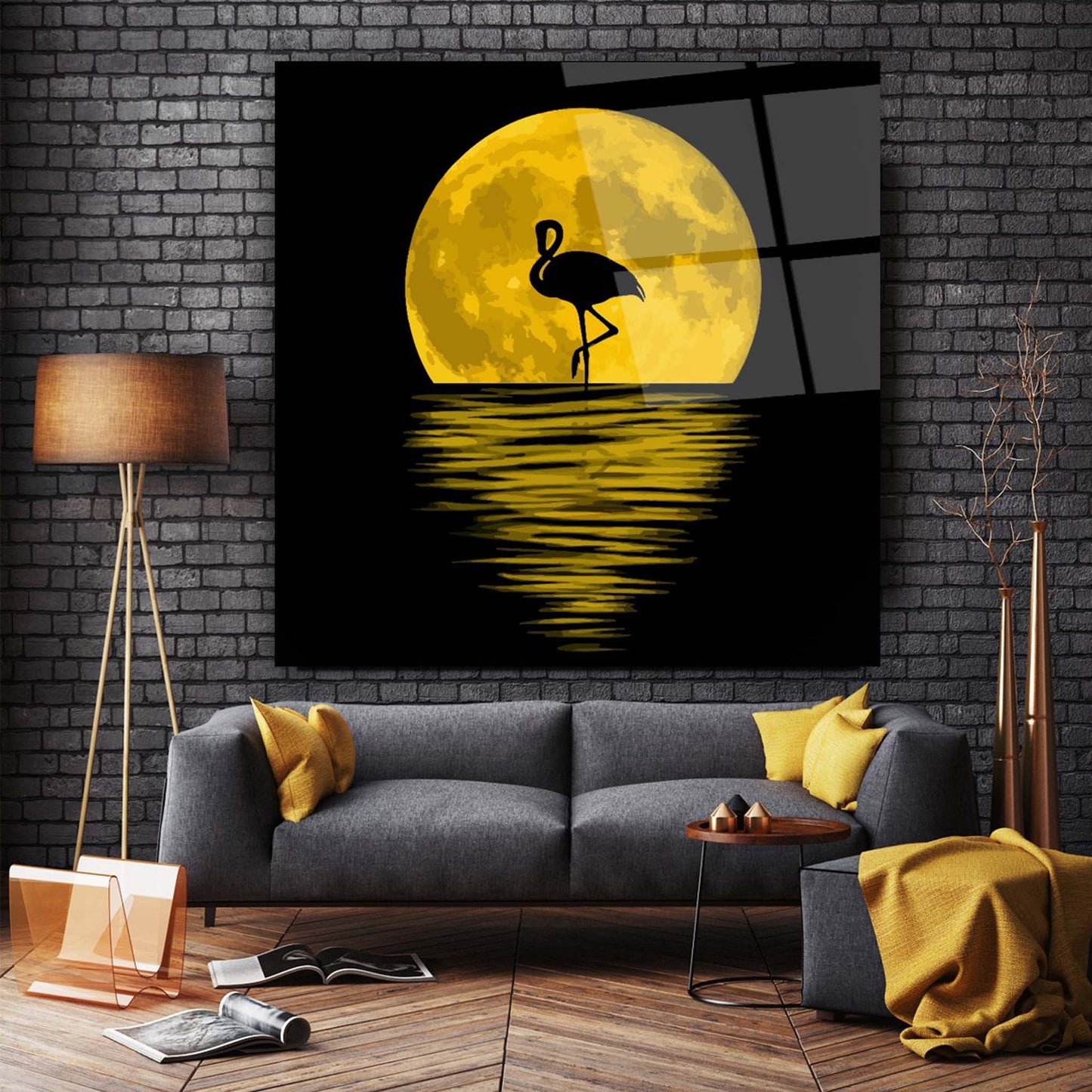 Moon Landscape and Flamingo Glass Wall Art