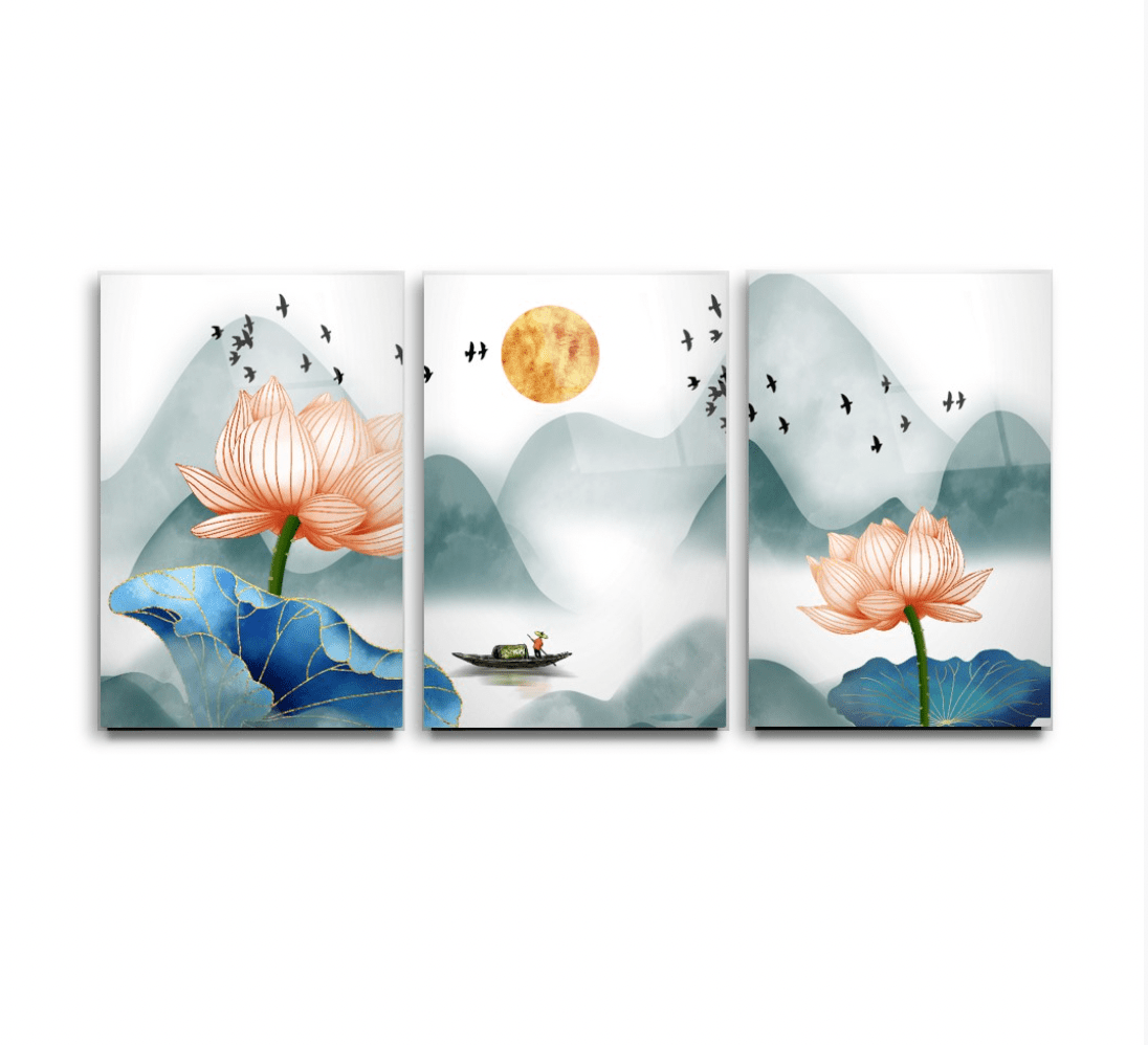 Lotus Flower Glass Wall Art & Set of 3